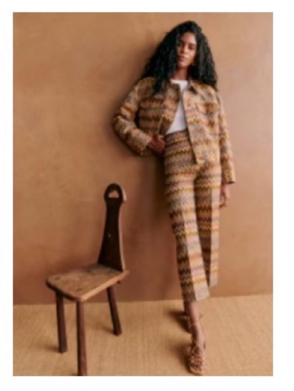 NWT Sezane Cropped Chevron Trousers in Brown and Cream